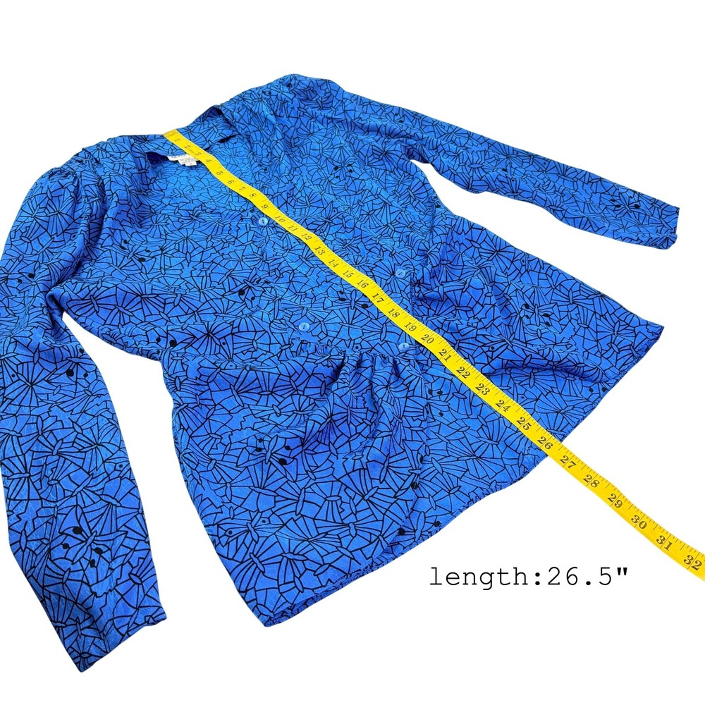 Nora Noh Vintage 90s Silk Blouse Blue Black Butterfly Geometric Print Top Size 6 - Picture 5 of 8